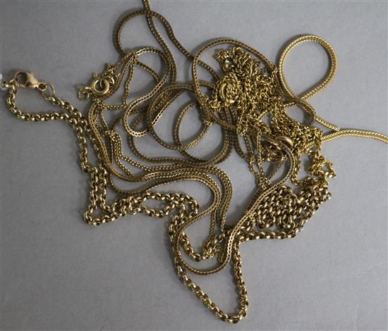 Three 9ct gold chains, a middle Eastern yellow metal and a chain fragment.